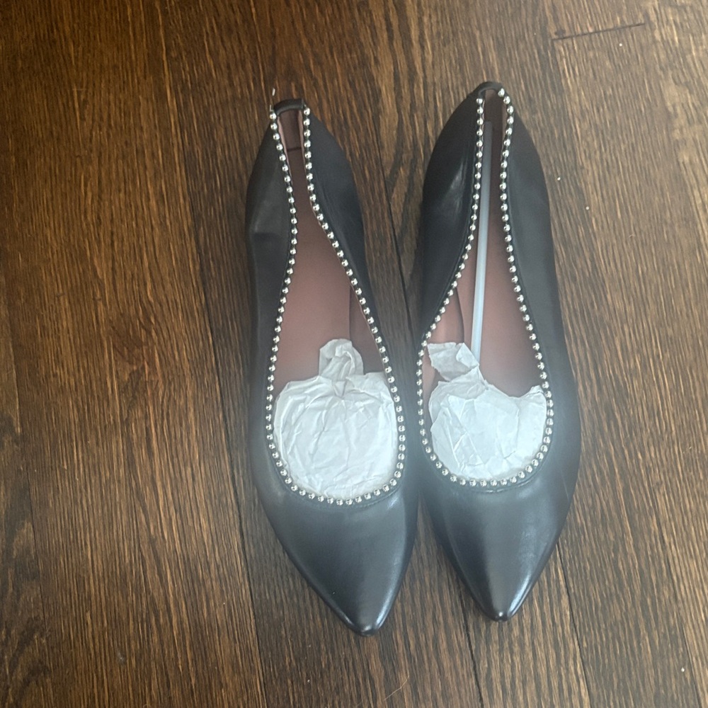Barneys New York Women's Black Pointed Toe Leather Stud-Trim Flats